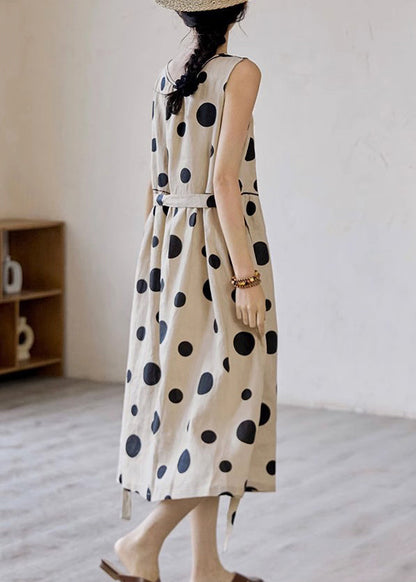 Khaki Dot Pockets Tie Waist Cotton Long Dress Sleeveless