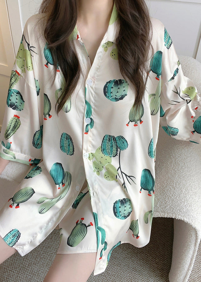 Beige Button Print Ice Silk Pajamas Two-piece Set Peter Pan Collar Spring