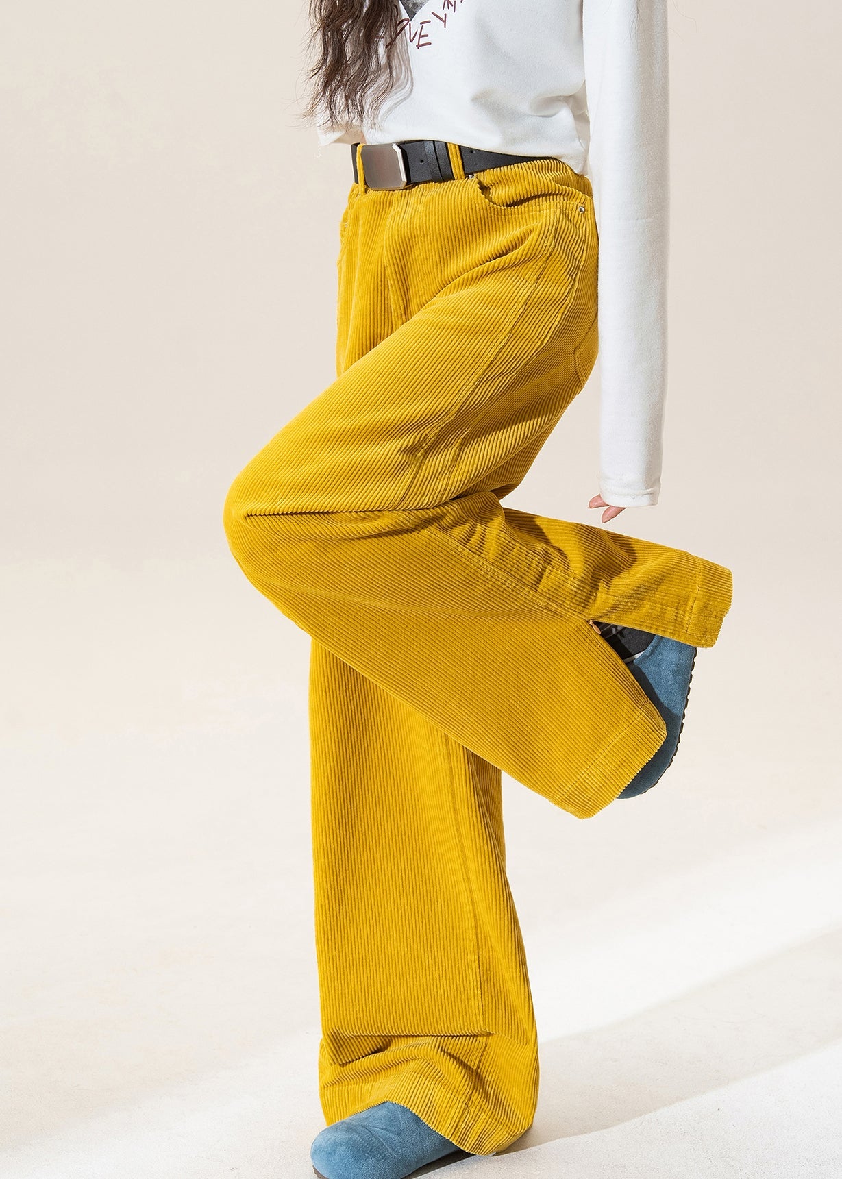 Yellow High Waist Pockets Corduroy Straight Pants Winter