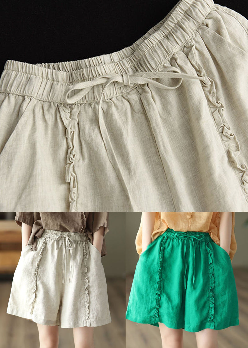 Beige Pockets Patchwork Linen Hot Pants Elastic Waist Summer