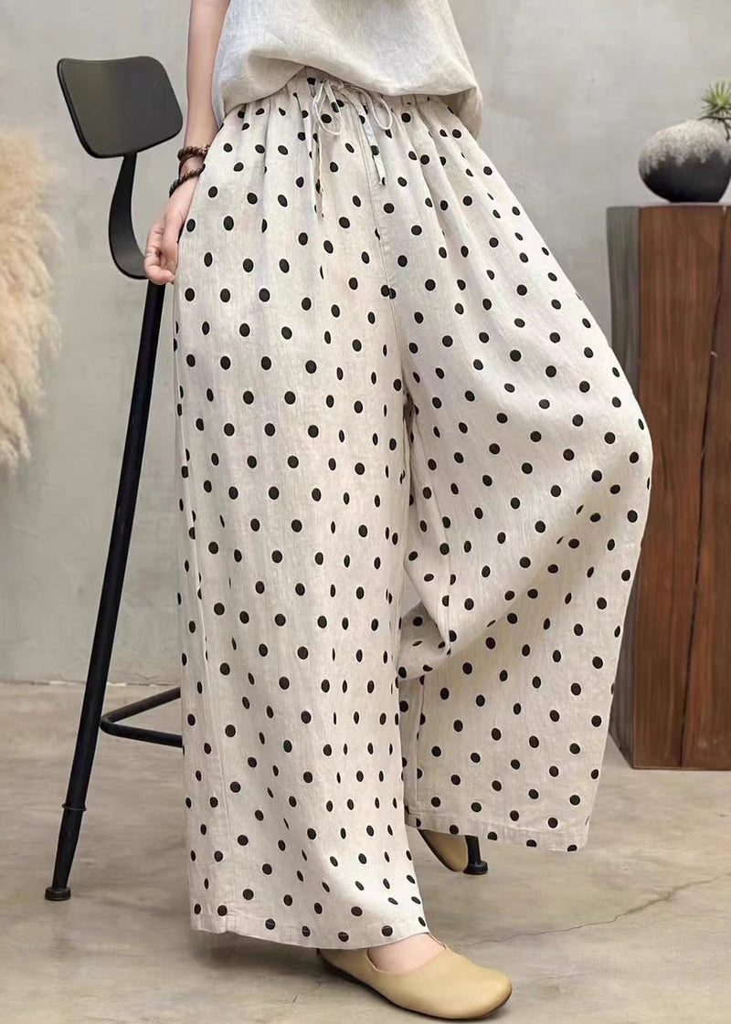 New Dot Pockets Elastic Waist Linen Wide Leg Pants Summer