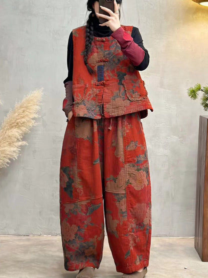Flower Raw-edge O-neck Cotton Vest