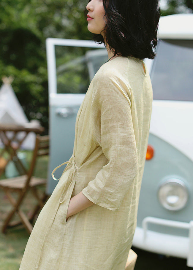 Apricot Embroidered Tie Waist Linen Dress Summer