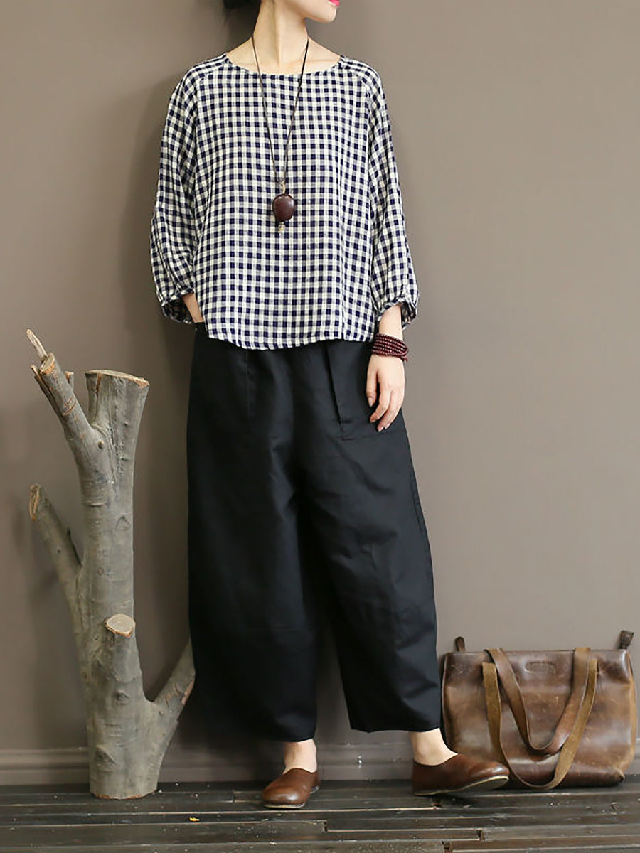 Summer Plaid Loose Pullover Cotton Shirt