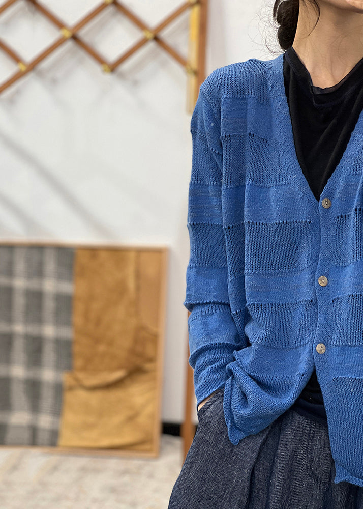 Loose Blue V Neck Hollow Out Cotton Knit Coat Fall