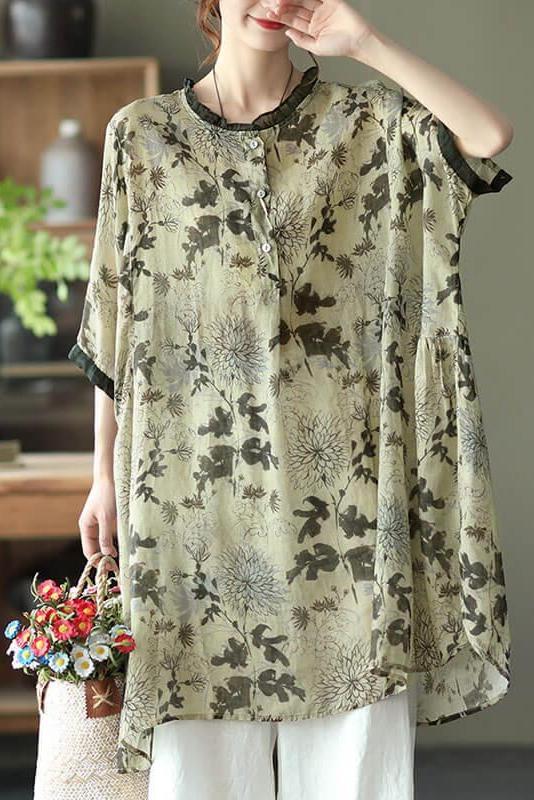 Ramie Print O-neck Loose Shirt