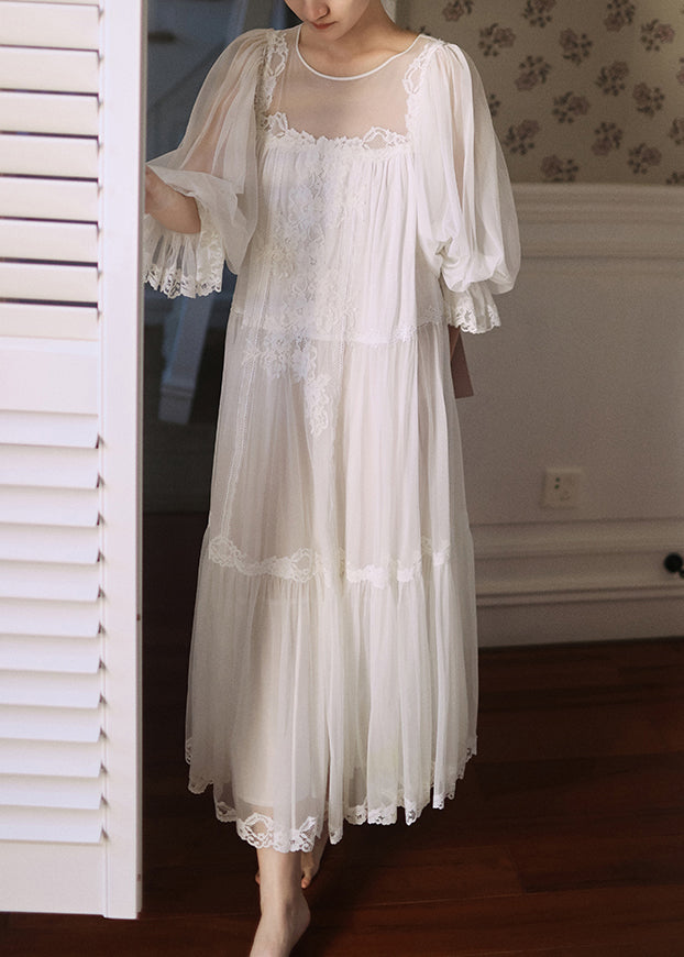 White Wrinkled Lace Patchwork Tulle Pajamas Dresses Half Sleeve