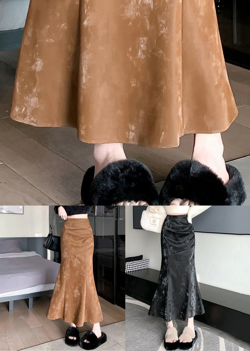 Black Print Wrinkled Silk Velvet Mermaid Skirt Zip Up