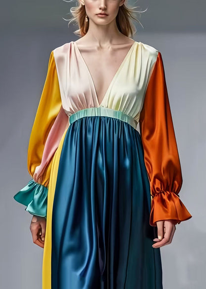 French Colorblock Deep-v Neck Patchwork Draping Silk Dress Spring