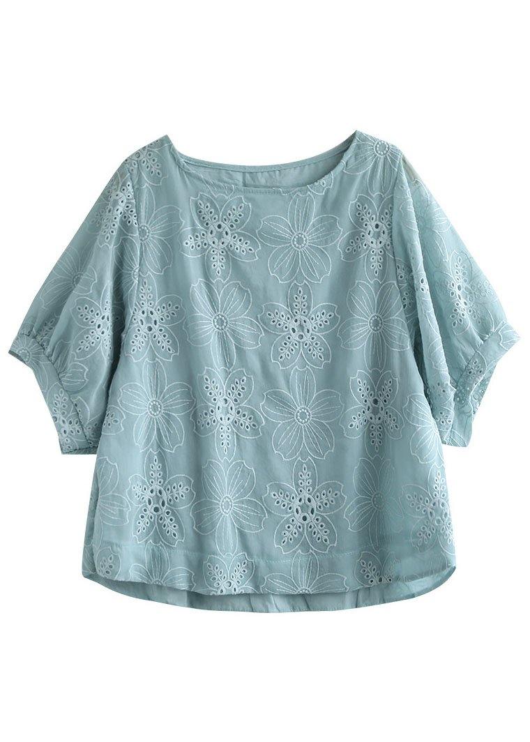 Blue Embroidered Summer Blouses Half Sleeve