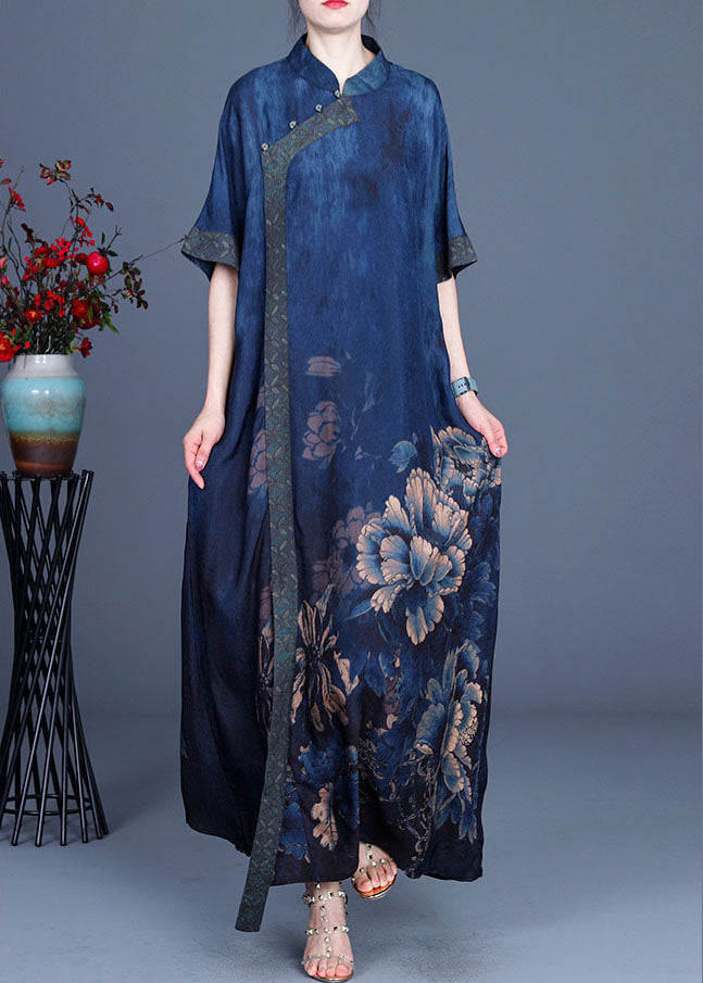 Blue Print Silk Dresses Half Sleeve