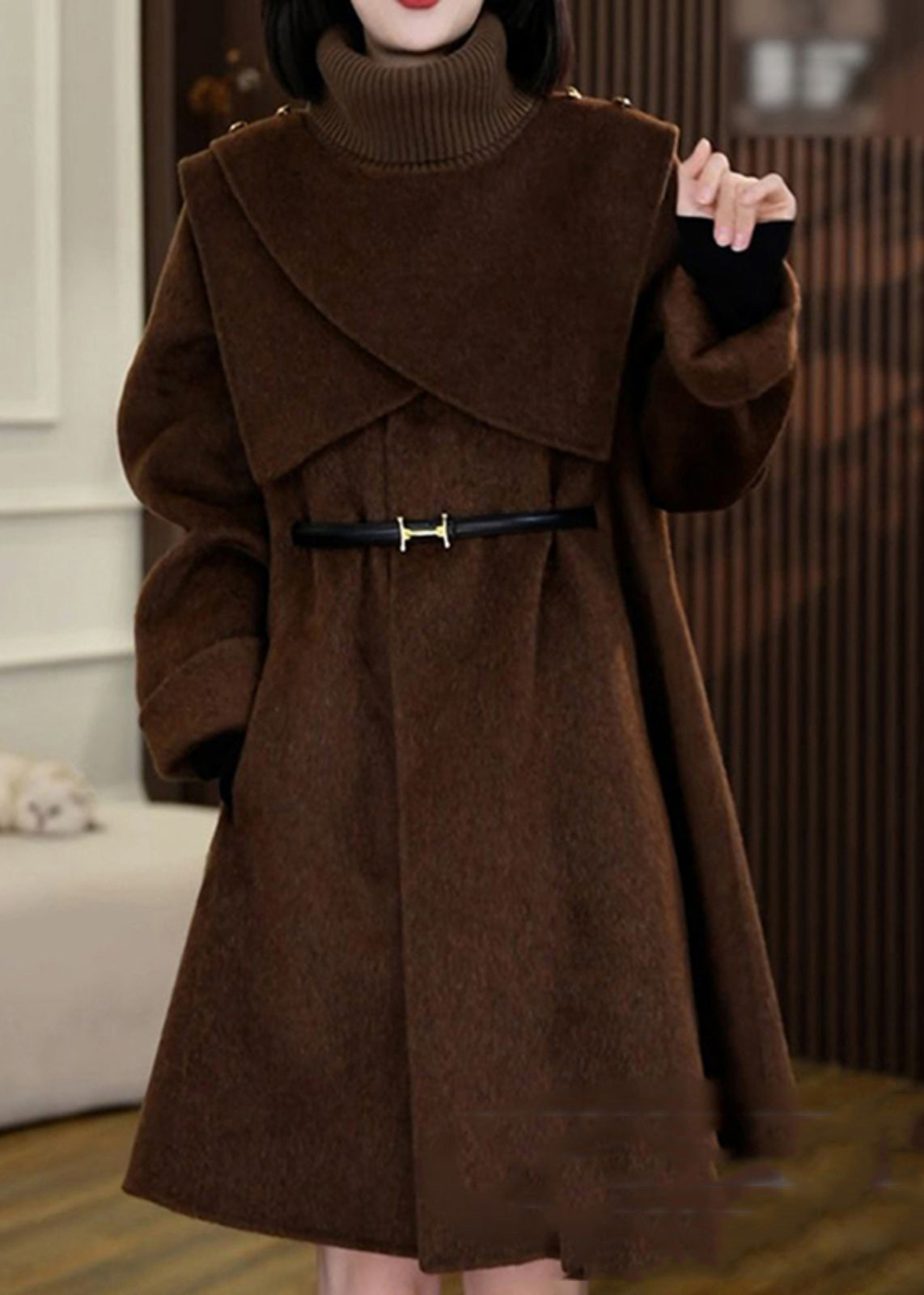 Coffee Woolen Coats and Knit Scarf Two Pieces Set Winter