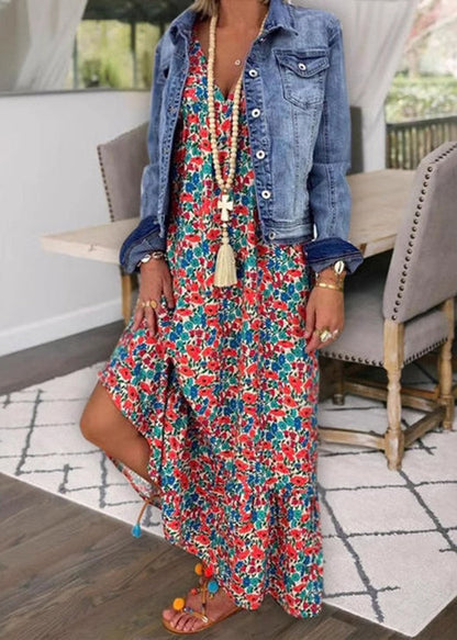 Blue V Neck Print Cotton Spaghetti Strap Dress Summer
