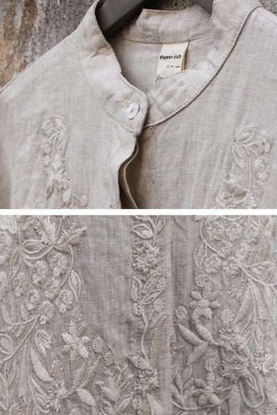 Limited Stock- Retro Embroidered Loose 100% Linen Shirt