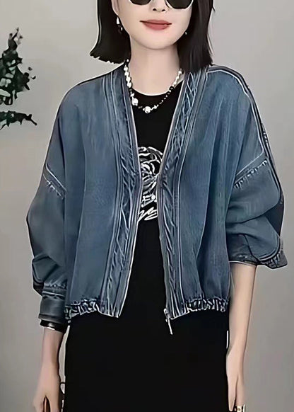 Style Blue Oversized Denim Cardigan Batwing Sleeve Fall