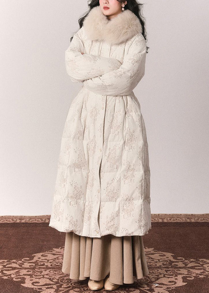 Beige Fur Collar Print Button Tunic Maxi Down Jackets Winter