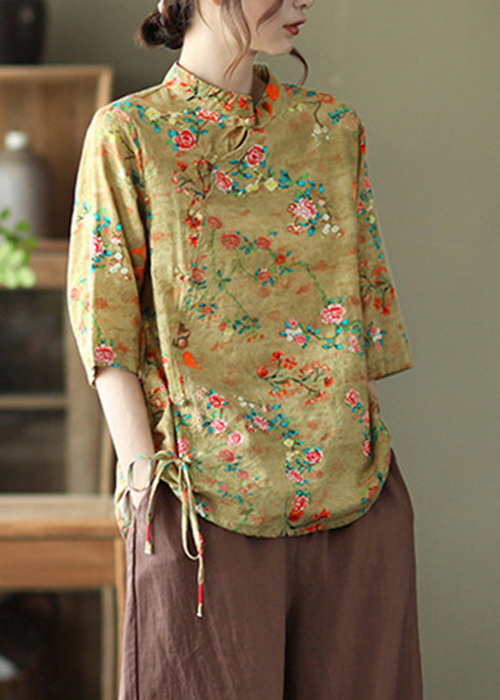 Yellow Print Tie Waist Shirts Half Sleeve