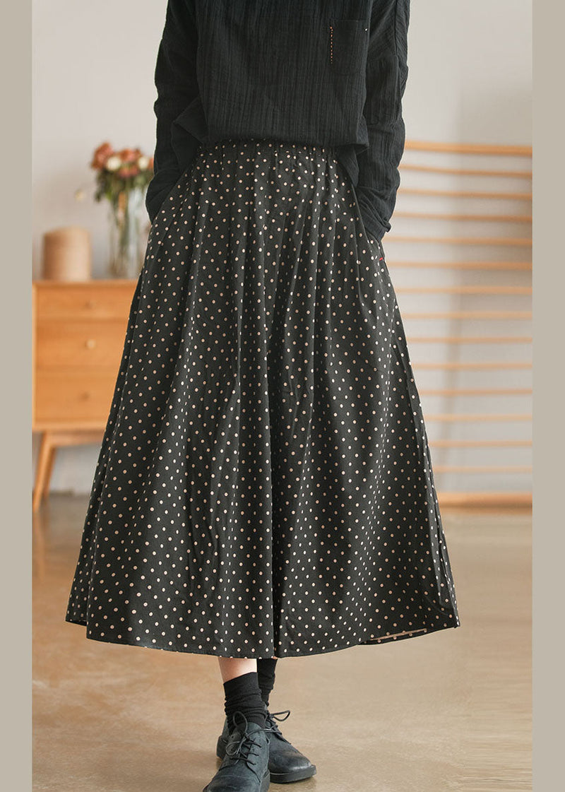 Retro Black Elastic Waist Pockets Dot Print Skirt Spring