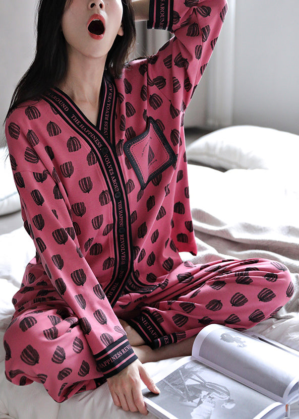 Rose V Neck Print Cotton Pajamas Two Pieces Set Fall
