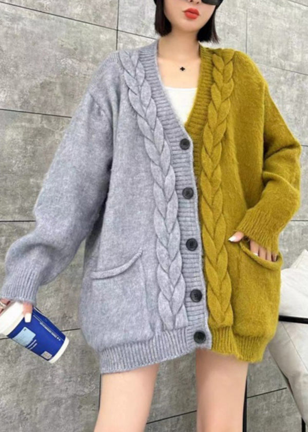 Beige V Neck Pockets Button Patchwork Knit Cardigan Spring