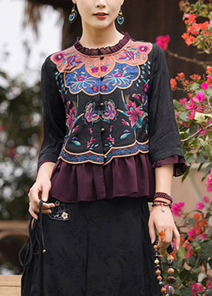 Black O-neck Embroidered Ruffled Chiffon Tops Long Sleeve