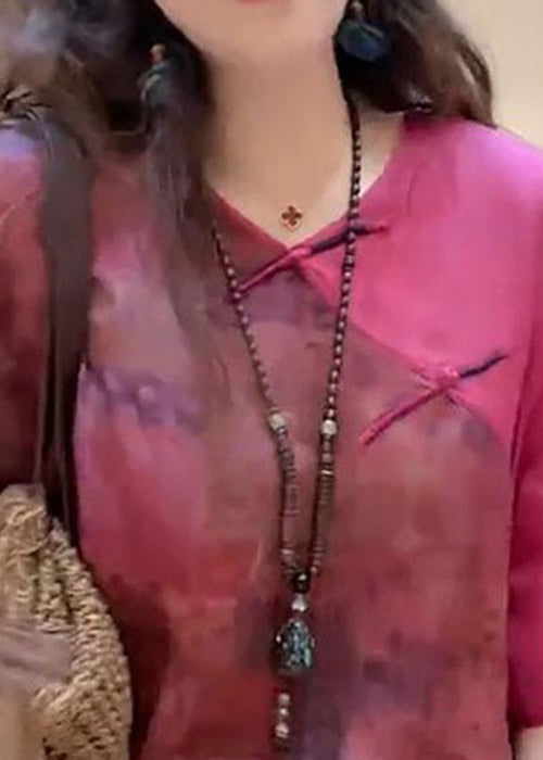 Rose V Neck Print Button Linen Shirt Half Sleeve