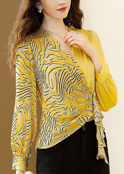 Yellow V Neck Asymmetrical Print Chiffon Tops Spring