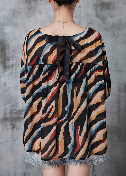 Khaki Oversized Striped Chiffon Tops Summer