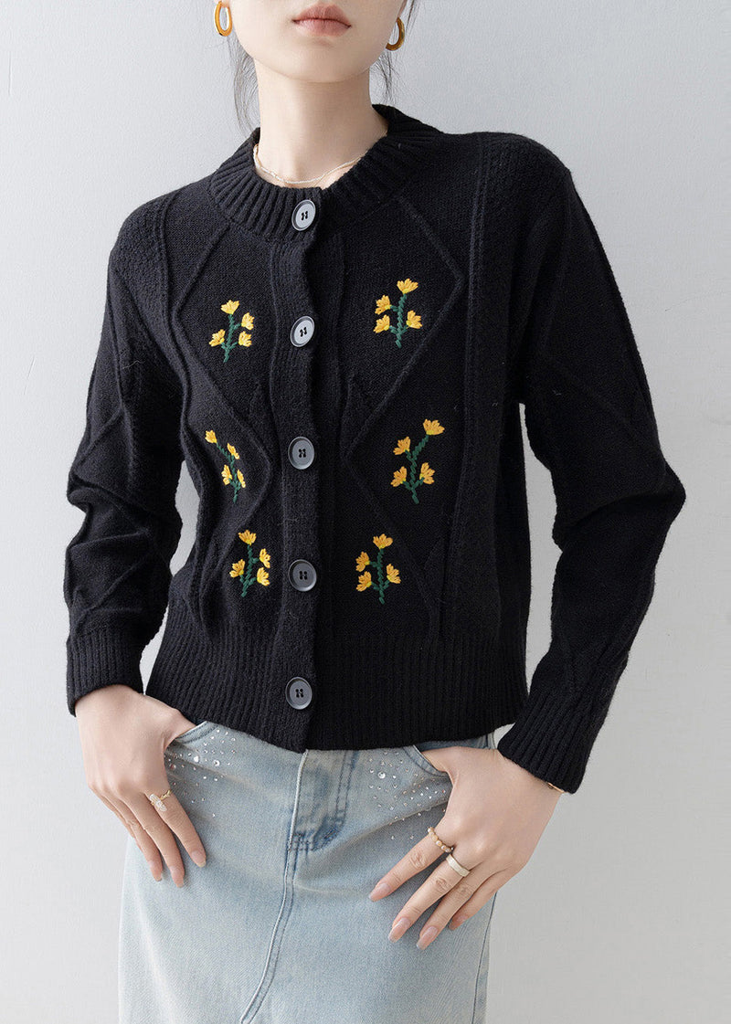 Italian Black Embroidered Thick Knit Cardigan Winter