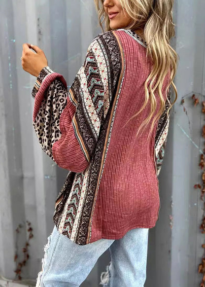 Loose Brick Red O Neck Leopard Patchwork Cotton Top Fall