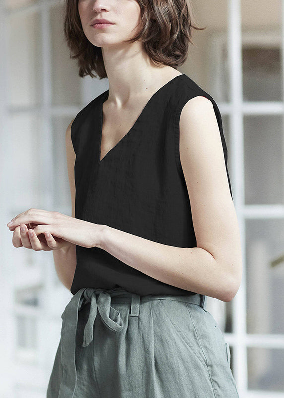 White V Neck Simple Linen Tank Top Sleeveless