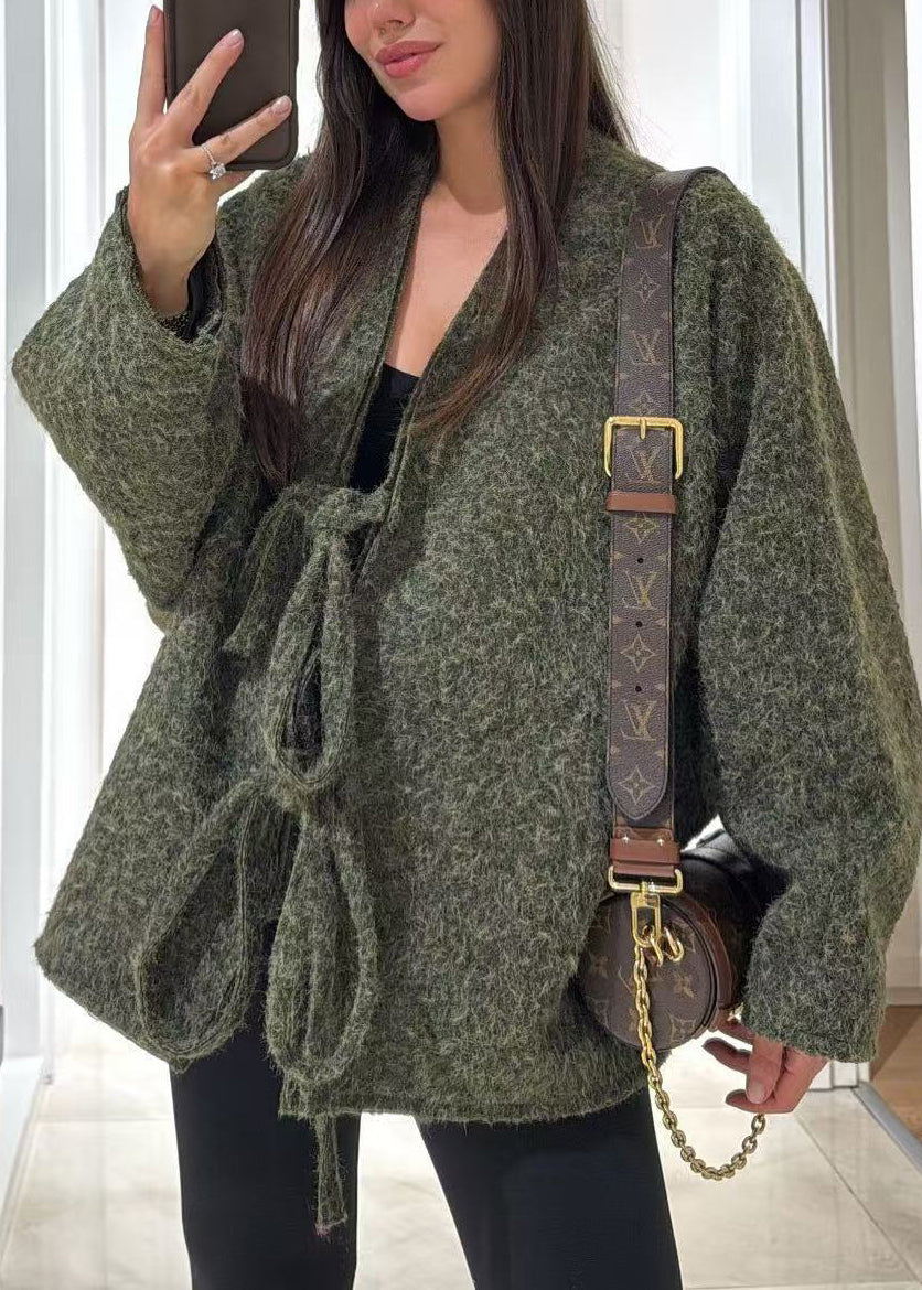 Boutique Mulberry V Neck Lace Up Woolen Coat Fall
