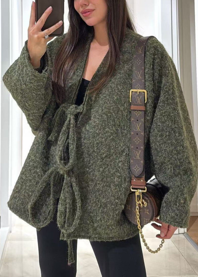 Boutique Mulberry V Neck Lace Up Woolen Coat Fall