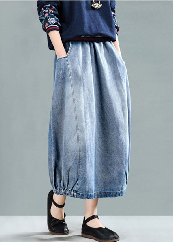 Light Blue Elastic Waist Pockets Cotton Denim Skirt Summer