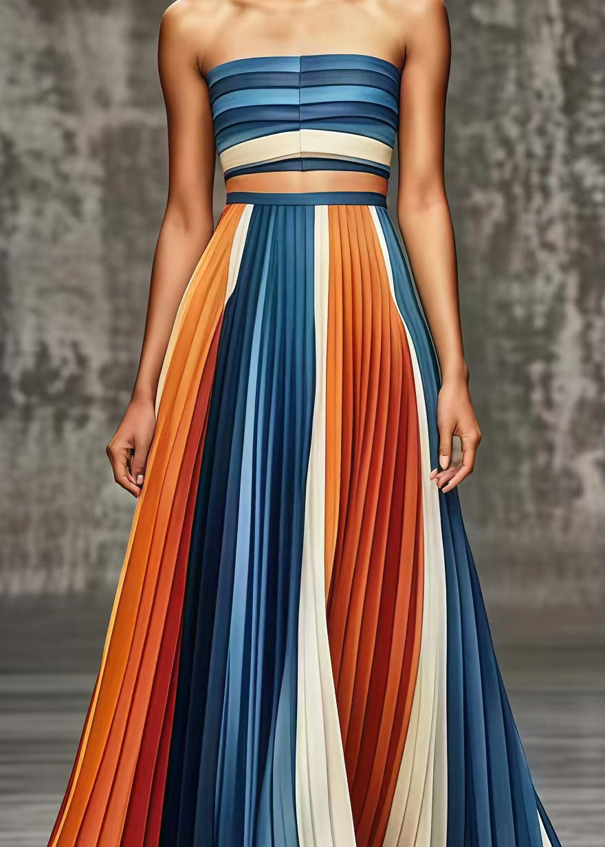 Fine Colorblock Silm Fit Chiffon Pleated Skirts Fall