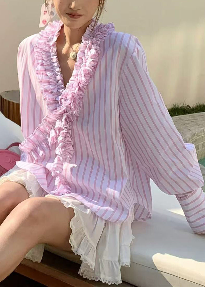 Pink V Neck Ruffled Striped Shirts Spring