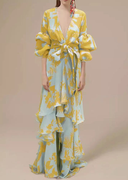 Orange V Neck Asymmetrical Designprint Chiffon Dress Spring