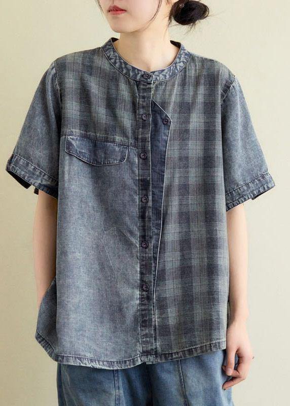 Blue Grey Denim Plaid Patchwork Summer Tops Short Sleeve