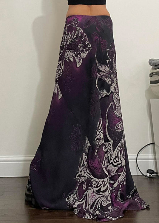 Retro Purple Print Elastic Waist Cotton Maxi Skirts Summer