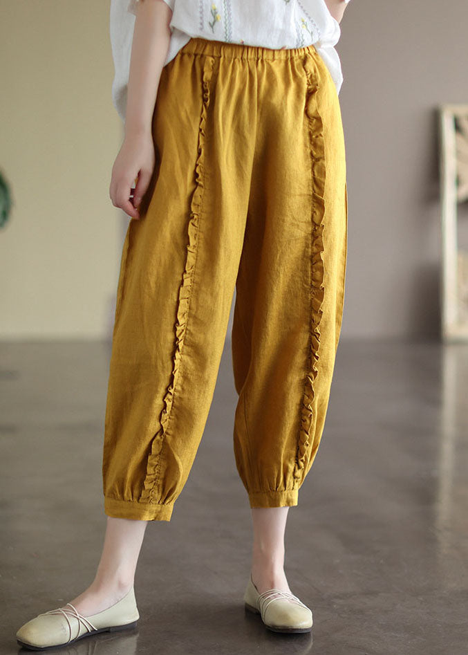 Yellow Elastic Waist Ruffled Pockets Linen Harem Pants Summer