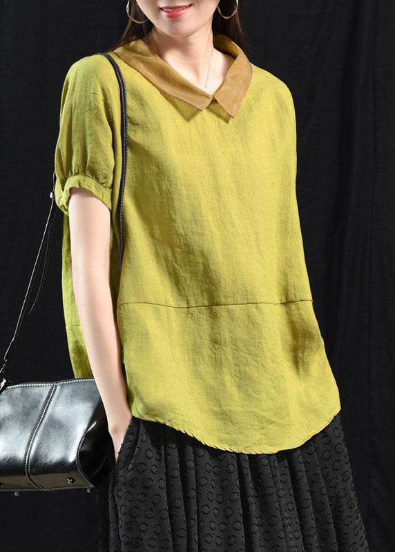 Orange Patchwork Turn-down Collar Summer Short Sleeve Top