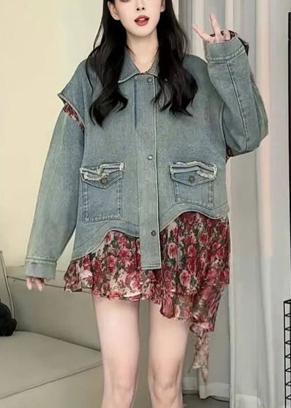 Blue Peter Pan Collar Asymmetrical Print Print Denim Coat Spring