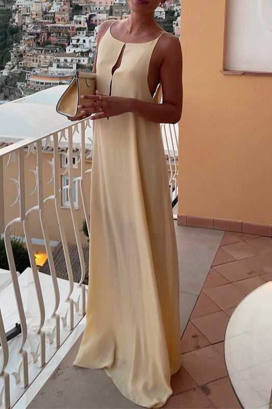 Vacation Color Hollow Out Backless O Neck Sling Dresses