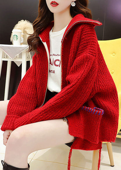 Simple Red Asymmetrical Knit Winter Sweaters Coat
