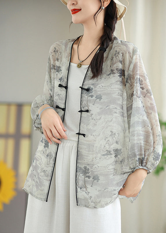 White Print Chiffon Oriental Upf 50+ Cardigans Spring