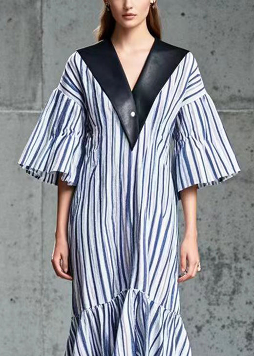 French Blue Striped Patchwork Pu Cotton Long Dress Summer
