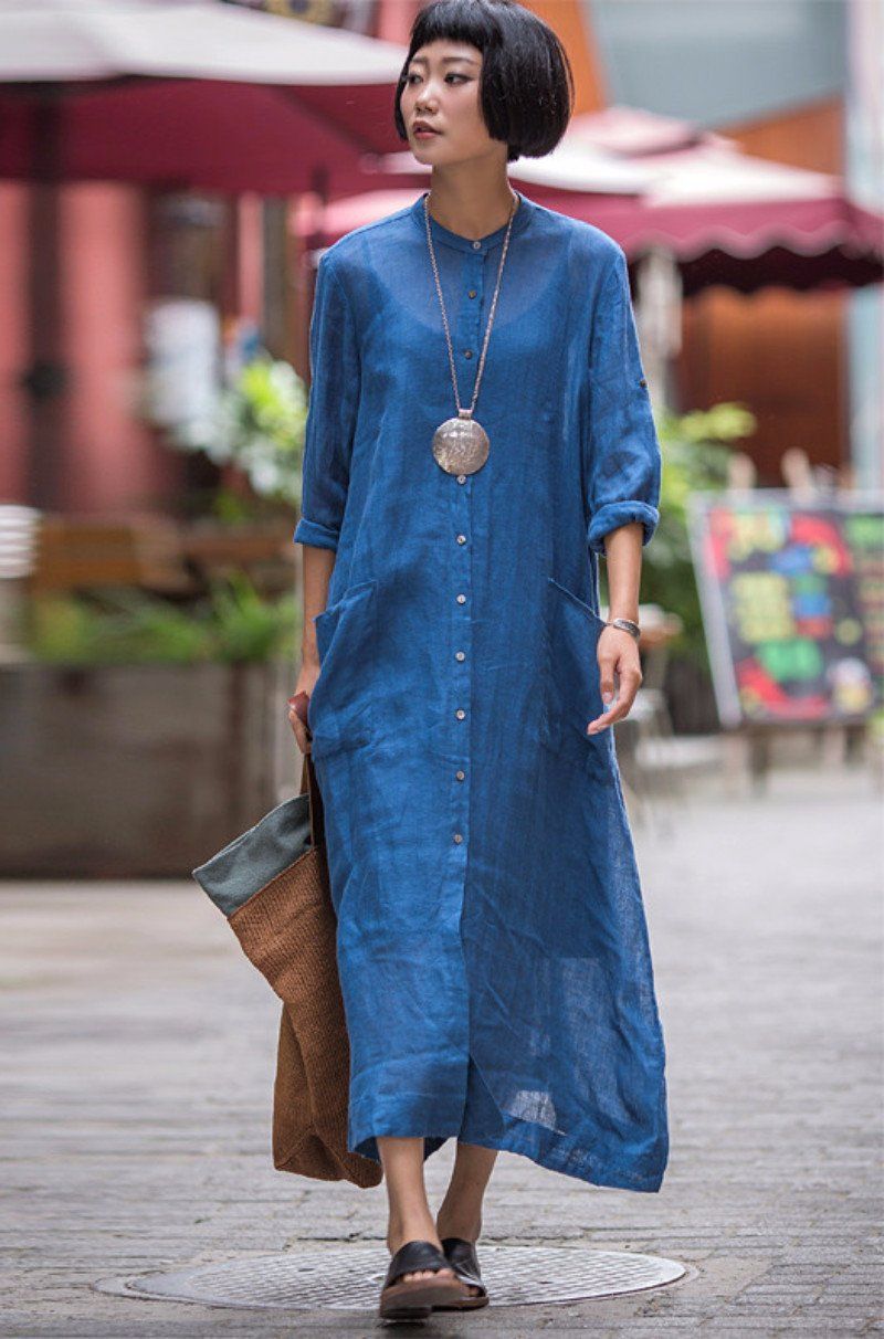 Long Dress Linen Cotton Shirt Outfits for