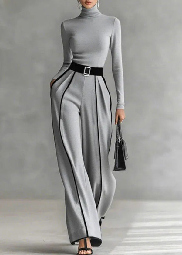 Italian Black Hign Neck Top and Pants Cotton Sets 2 Pieces Spring