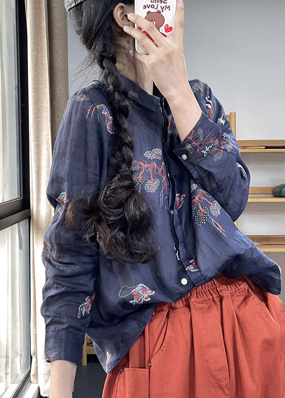 Navy Oversized Print Linen Shirts Spring