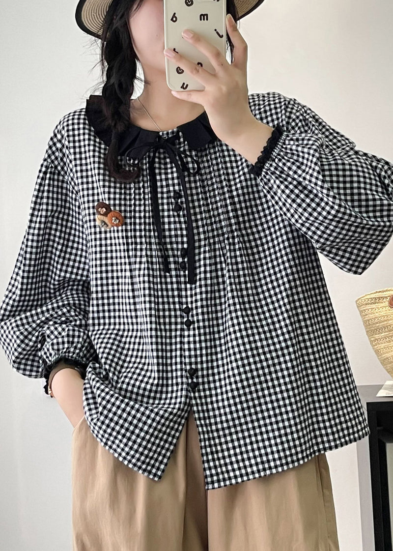 Grey Peter Pan Collar Plaid Linen Shirts Spring
